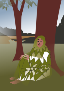 Die Moorprinzessin sitzt barfuß an einen Baum gelehnt an der Fennwaldwiese