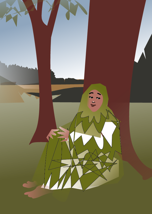 Die Moorprinzessin sitzt barfuß an einen Baum gelehnt an der Fennwaldwiese